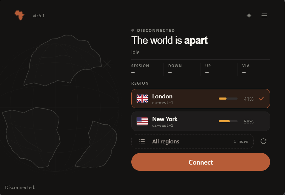 Pangea VPN desktop app showing London and New York regions with a Connect button